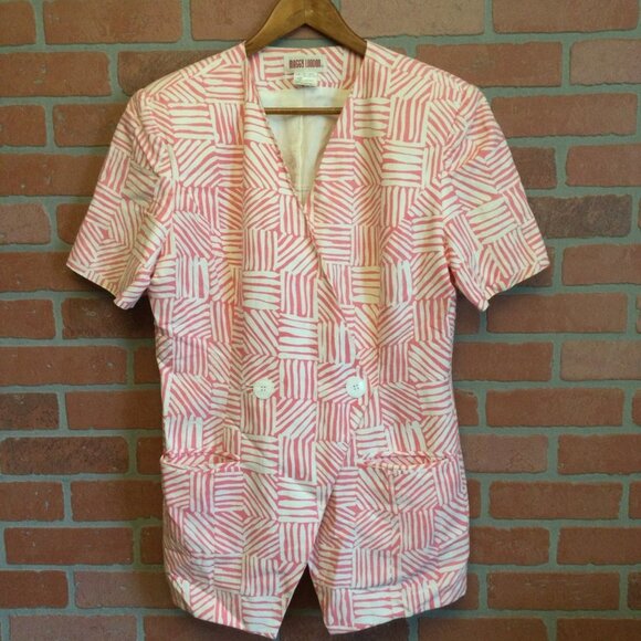 Vintage Maggy London Women's 2 pc. Top Skirt Set Pink Size 14 Linen Short Sleeve - Picture 1 of 11